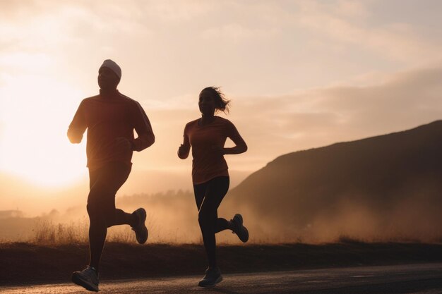 Couple running together Male and female athlete jogging Generative AI