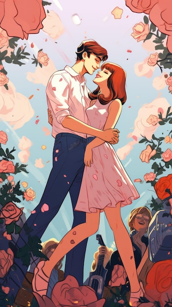 ピンク の 花 の 畑 で 抱きしめ て いる 夫婦