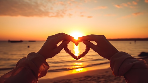 A couple's hands are making a heart with the shadow of a sunset Generative AI