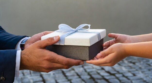 Couple's hands with a gift box Romantic gift exchange closeup