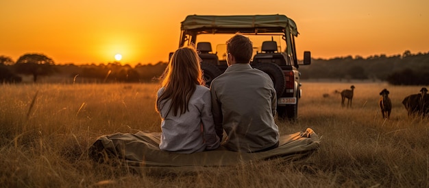 a couple on a safari sitting wildlife in the background sunset