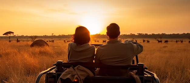 背景の夕暮れの野生動物に座っているサファリのカップル