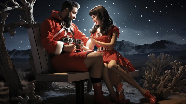 Photo couple and santa costume tree desert at midnight with star shaped snow 2024 new year