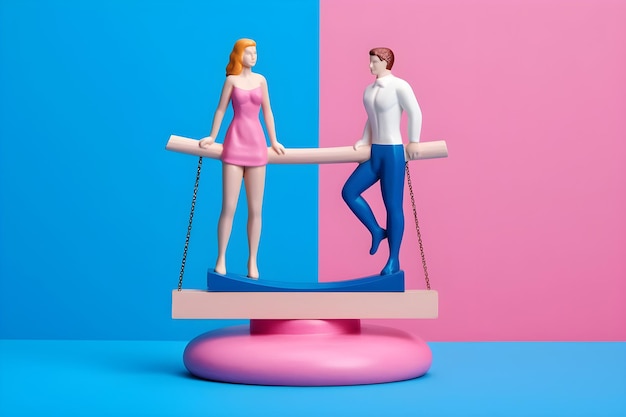 A couple on a scale with a blue and pink background