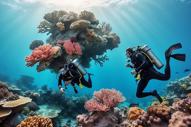 サンゴ礁でスキューバダイバーのカップル
