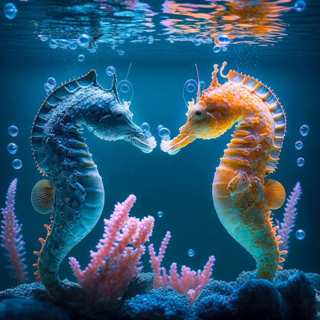 A couple of seahorses that are in the water created with Generative AI technology