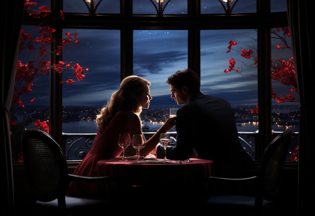 Photo couple seated at table by window