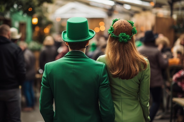 a couple seen from behind disguised for saint patricks day at a party