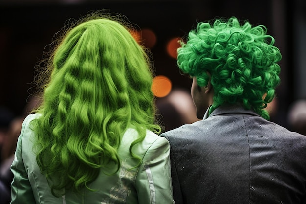 a couple seen from behind disguised for saint patricks day at a party