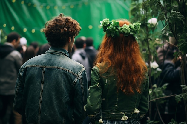 Foto una coppia vista da dietro travestita per il giorno di san patrizio a una festa