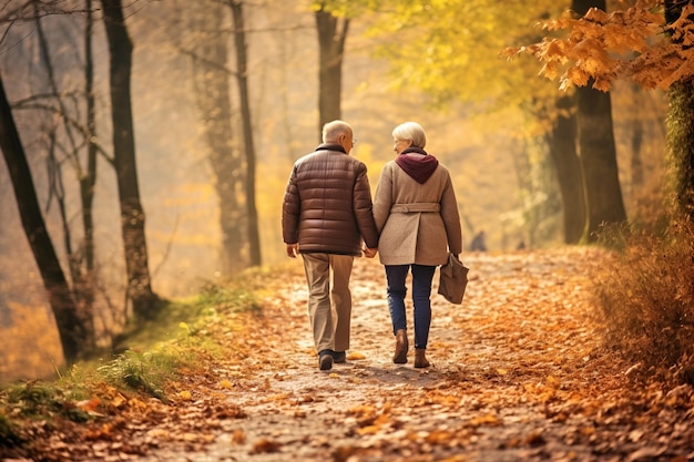 A couple of senior man and woman are walking in an autumn park 1