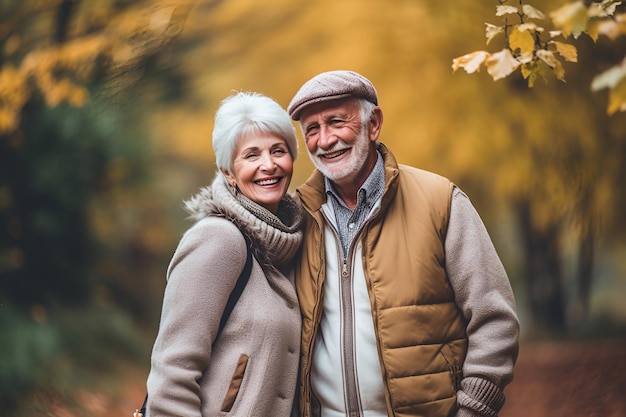 A couple of senior man and woman are walking in an autumn park 1