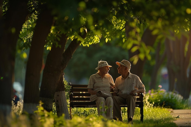 couple of seniors sitting in summer park