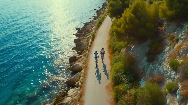 Photo couple on a serene coastal walk embracing nature tranquil scenery perfect for travel and leisure brochures ai