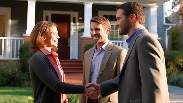 Photo a couple shaking hands with a real estate agent after purchasing a home exhibiting pride and excitement associated with new homeownershi generative ai