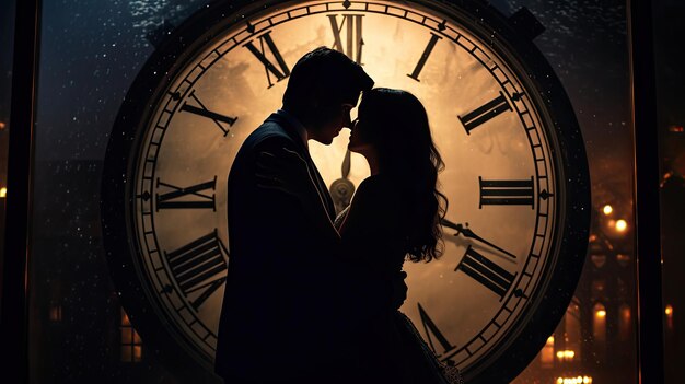 Photo a couple sharing a romantic kiss in front of a clock capturing a timeless moment of love