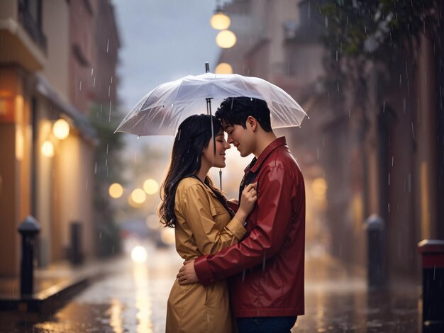 Couple sharing romantic moments under the rain