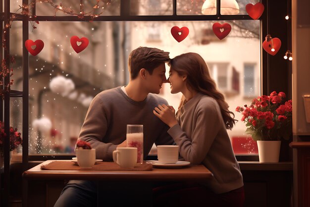 a couple sharing a sweet kiss in a cozy coffee shop surrounded by Valentines Day decorations