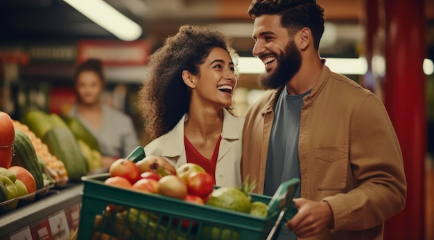 A couple shopping in a supermarket with a green shopping cart full of vegetables.