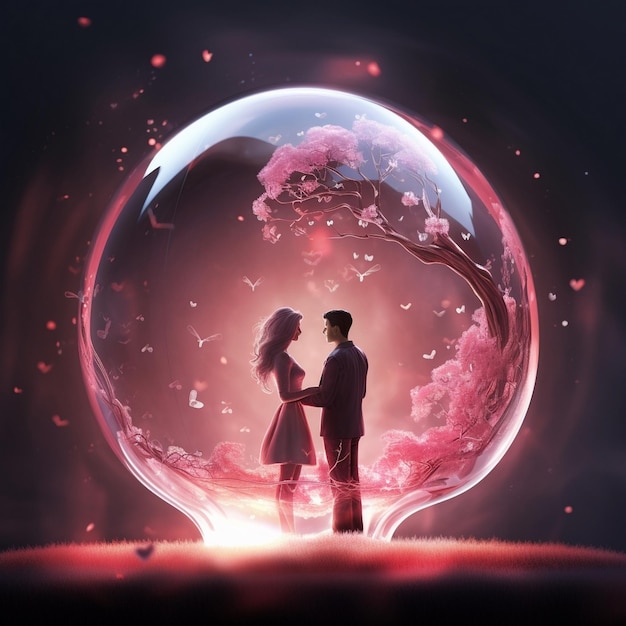 couple should be standing hand in hand inside a glowing valentine day background AI generated