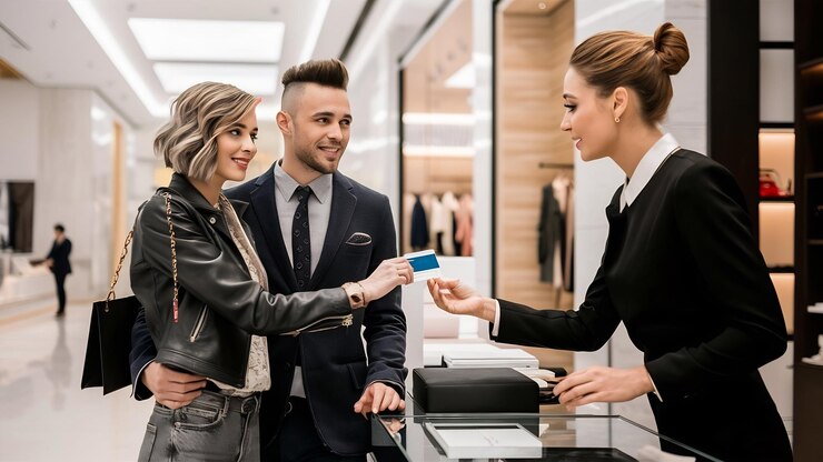 Photo couple showing credit card in the shopping mall