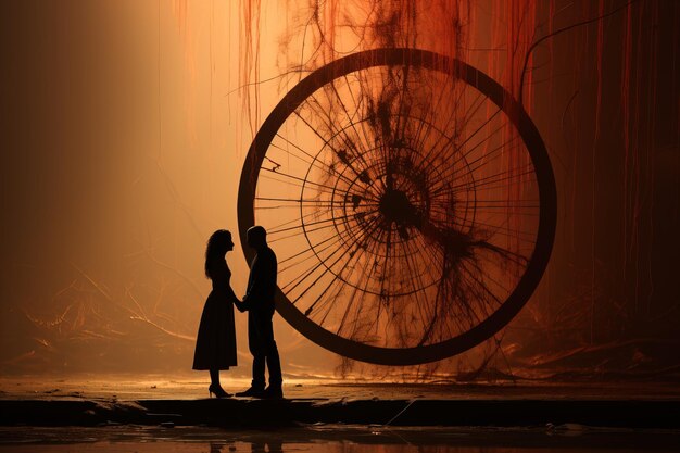 Photo couple in silhouette holding a wheel on a wall