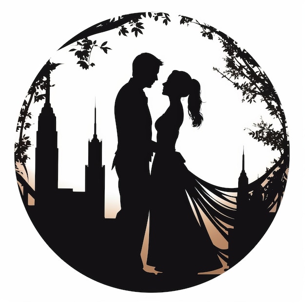 Photo couple silhouette with city scene on white background in decorat