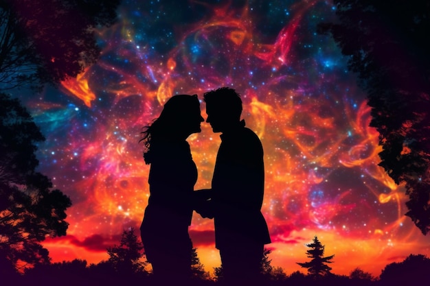 A couple in silhouette with the stars in the background