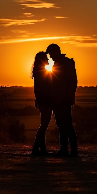 A couple in silhouette with the sun setting behind them