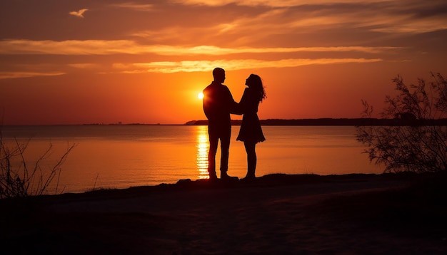 A couple silhouetted against a setting sun their hands forming a heart shape generated by artific