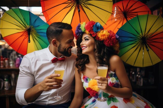 Photo couple sipping cocktails adorned with festive umbrellas