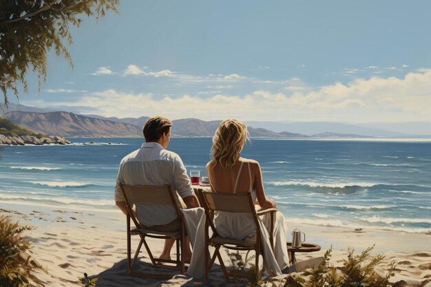 a couple sit on a beach looking out to sea