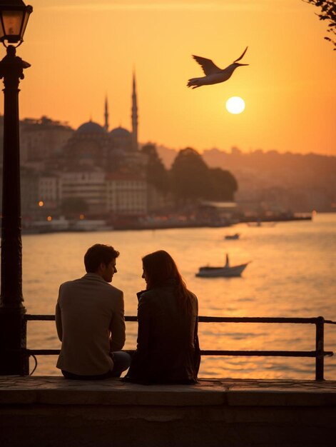 Photo a couple sit on a bench and look at the sea