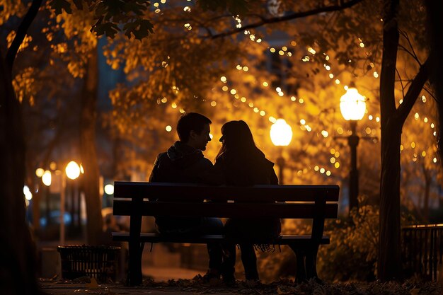 Photo a couple sit on a bench in the park at night