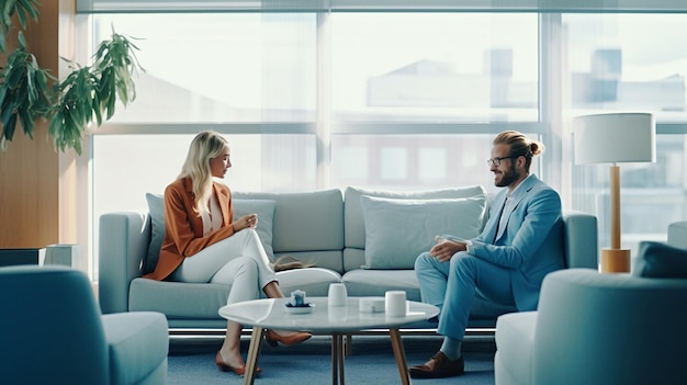 a couple sit on a couch and talk with a man in a suit.