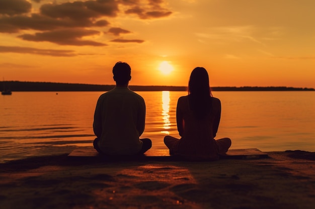 A couple sit on a dock and look at the sunset