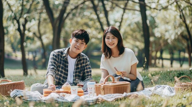 A couple sit in the grass and enjoy a picnic with food