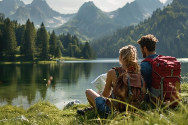 a couple sit on the grass near a lake and looking at the mountains