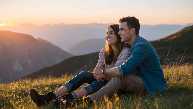 Photo a couple sit on a hill and look at the sunset