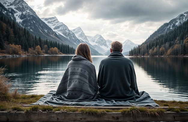 Photo a couple sit on a log in front of a lake with mountains in the background