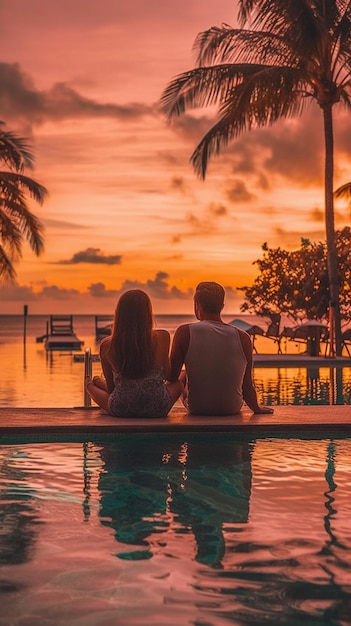 A couple sit in the pool at sunset, watching the sunset.