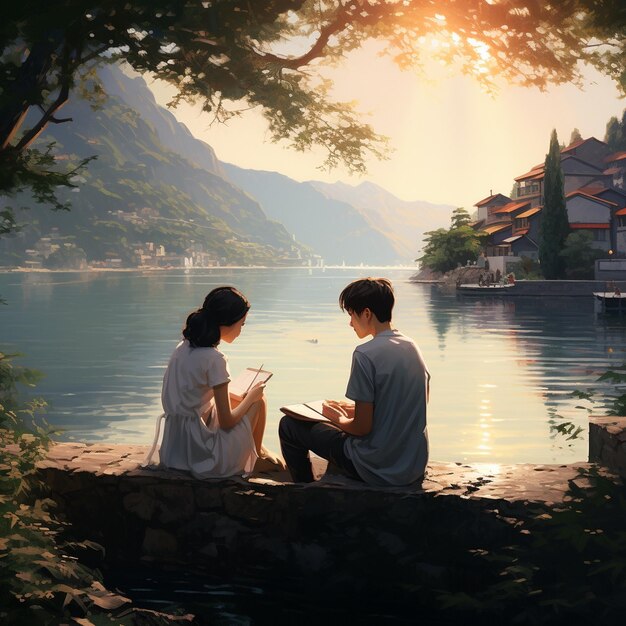 Photo a couple sit on a rock by a lake and look at the sunset.