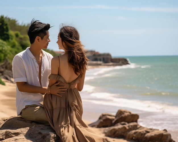 a couple sit on a rock by the ocean