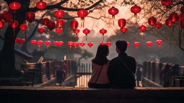 a couple sit under a tree with red lanterns in the background.