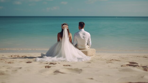 A couple sits on a beach in the bahamas