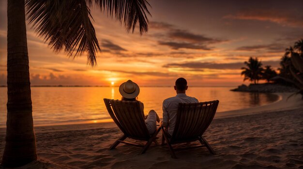 Couple sits on beach chair under a palm tree as sunset over ocean Generative AI