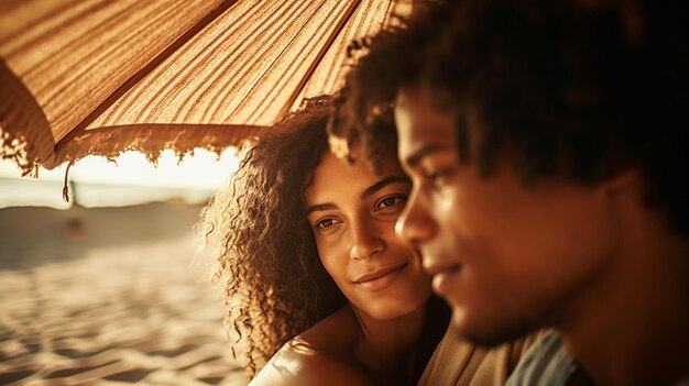 A couple sits on a beach under a parasol.