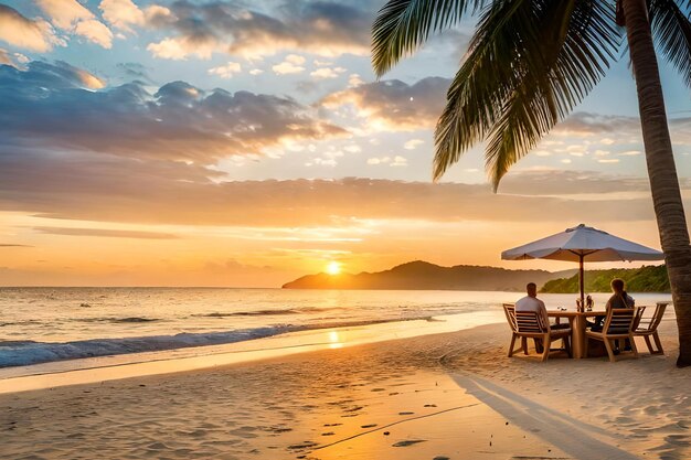 A couple sits on a beach under an umbrella at sunset