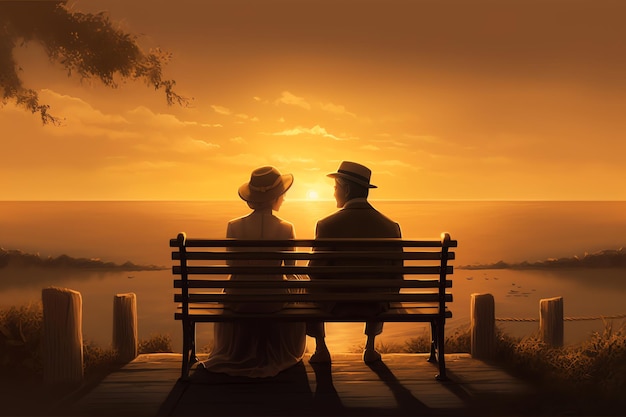 A couple sits on a bench looking at the sunset