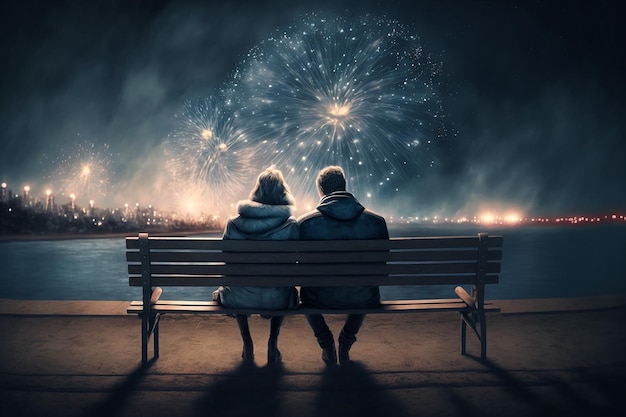 A couple sits on a bench watching fireworks.